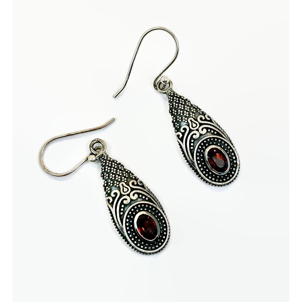 Garnet Earrings, Vintage, Sterling Silver,  Bali, Dangle, Red Stone, Lightweight